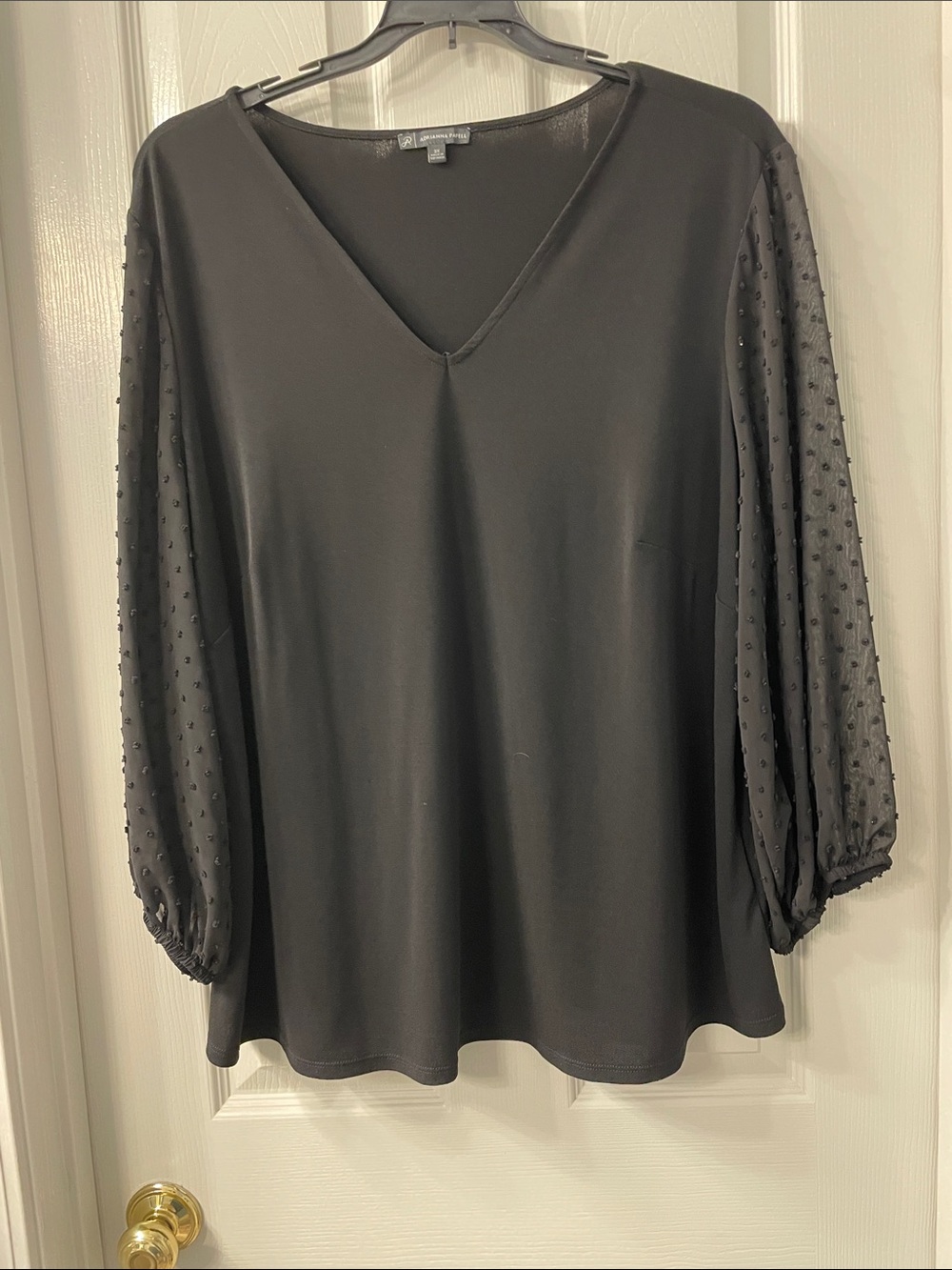 Adrianna Papell Black V-Neck Blouse with Dotted Sheer Bishop Sleeves